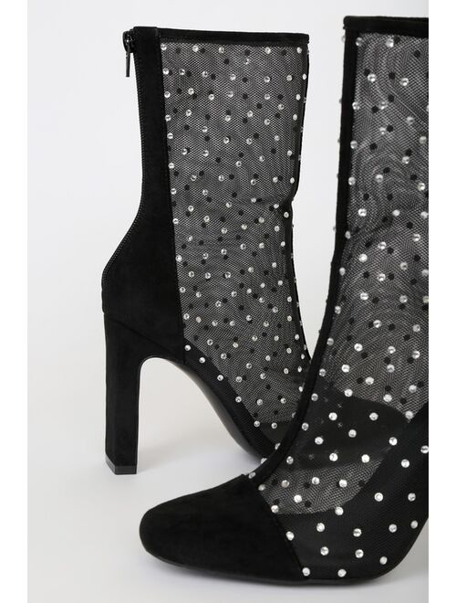 Lulus Samella Black Suede Rhinestone Mesh Mid-Calf Boots