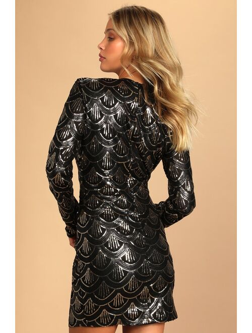 Lulus Jazz Age Black and Gold Sequin Long Sleeve Faux-Wrap Mini Dress