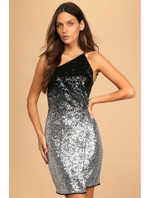 Lulus Shining Lights Black Ombre Sequin One-Shoulder Mini Dress