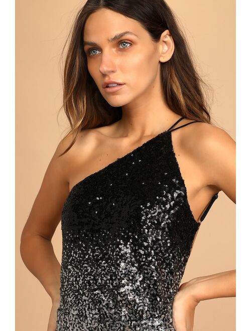 Lulus Shining Lights Black Ombre Sequin One-Shoulder Mini Dress