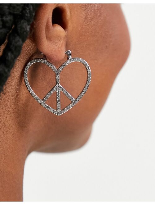 Monki Hadley crystal peace heart earrings in silver