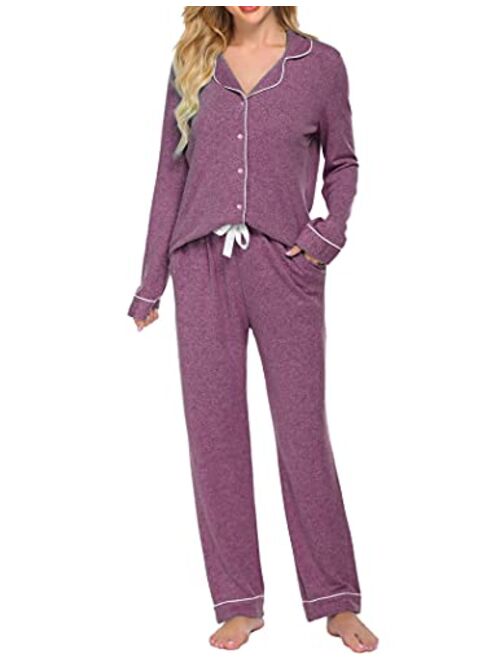 Ekouaer Women's Pajamas Long Sleeve Sleepwear Casual Button Down Loungewear Soft Pjs Set S-XXL