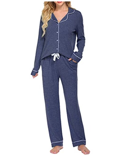 Ekouaer Women's Pajamas Long Sleeve Sleepwear Casual Button Down Loungewear Soft Pjs Set S-XXL