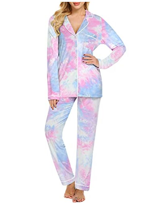 Ekouaer Women's Pajamas Long Sleeve Sleepwear Casual Button Down Loungewear Soft Pjs Set S-XXL