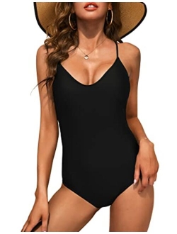 One Piece Swimsuits Women Bathing Suit V Neck Swimwear Tummy Control Monokini Sexy Cross Backless Swimming Suits