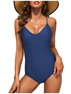 One Piece Swimsuits Women Bathing Suit V Neck Swimwear Tummy Control Monokini Sexy Cross Backless Swimming Suits