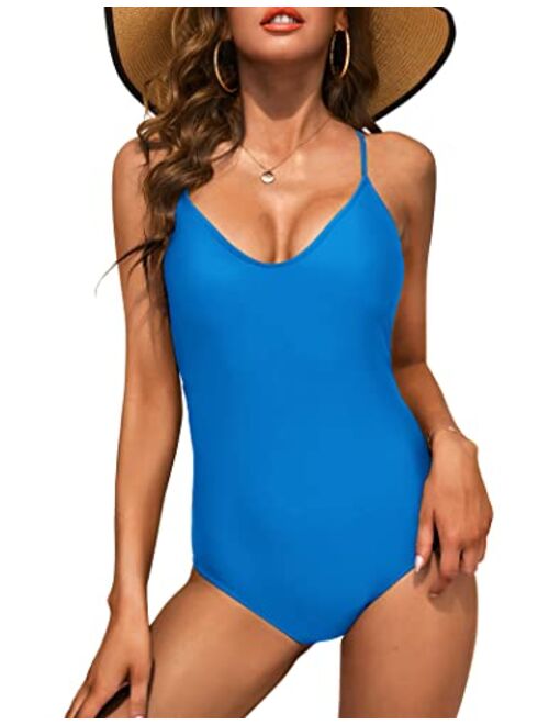 Ekouaer One Piece Swimsuits Women Bathing Suit V Neck Swimwear Tummy Control Monokini Sexy Cross Backless Swimming Suits