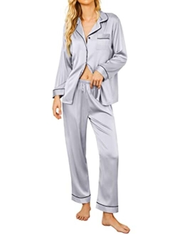 Satin Pajamas Womens Long Sleeve Sleepwear Silk Soft Button Down Loungewear Pjs Set S-XXL