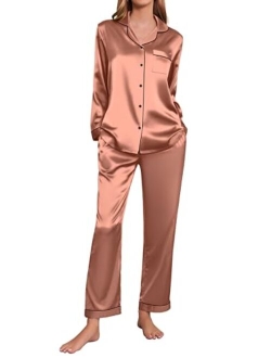 Satin Pajamas Womens Long Sleeve Sleepwear Silk Soft Button Down Loungewear Pjs Set S-XXL