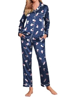 Satin Pajamas Womens Long Sleeve Sleepwear Silk Soft Button Down Loungewear Pjs Set S-XXL