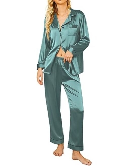 Satin Pajamas Womens Long Sleeve Sleepwear Silk Soft Button Down Loungewear Pjs Set S-XXL