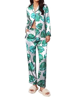 Satin Pajamas Womens Long Sleeve Sleepwear Silk Soft Button Down Loungewear Pjs Set S-XXL