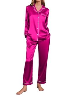 Satin Pajamas Womens Long Sleeve Sleepwear Silk Soft Button Down Loungewear Pjs Set S-XXL