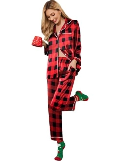 Satin Pajamas Womens Long Sleeve Sleepwear Silk Soft Button Down Loungewear Pjs Set S-XXL