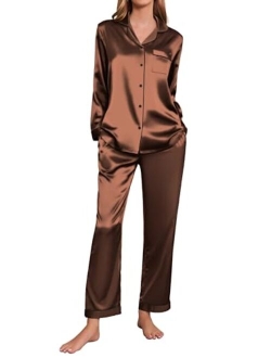 Satin Pajamas Womens Long Sleeve Sleepwear Silk Soft Button Down Loungewear Pjs Set S-XXL