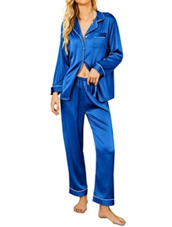 Satin Pajamas Womens Long Sleeve Sleepwear Silk Soft Button Down Loungewear Pjs Set S-XXL