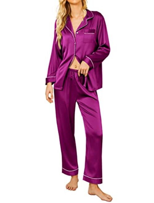 Ekouaer Satin Pajamas Women’s Long Sleeve Sleepwear Silk Soft Button Down Loungewear Pjs Set S-XXL