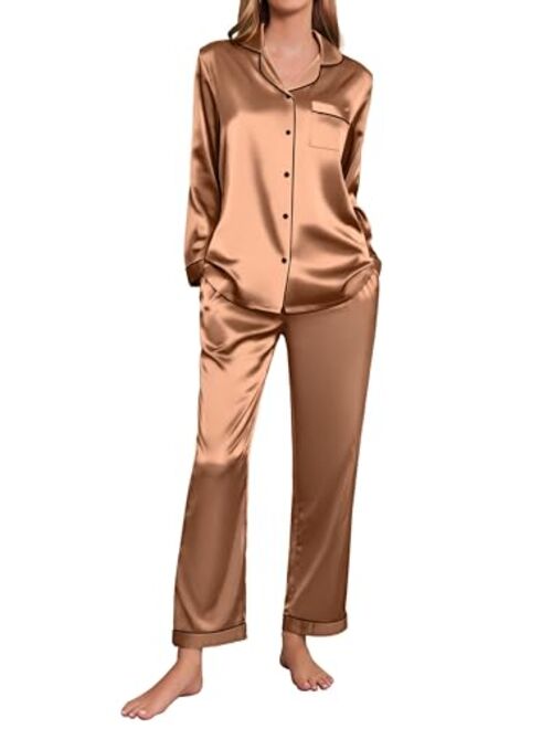 Ekouaer Satin Pajamas Women’s Long Sleeve Sleepwear Silk Soft Button Down Loungewear Pjs Set S-XXL