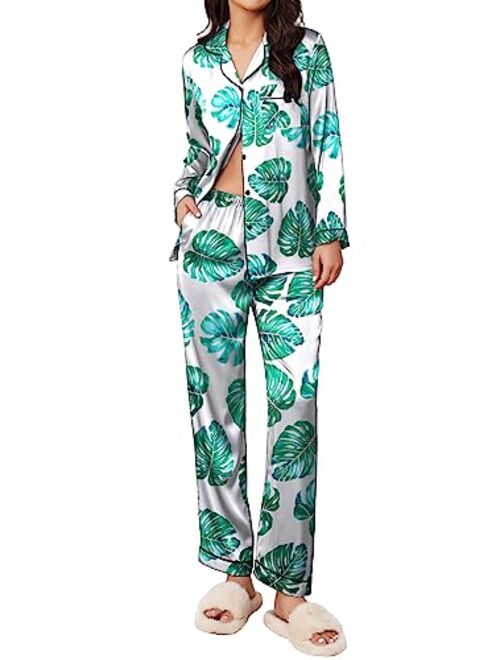 Ekouaer Satin Pajamas Women’s Long Sleeve Sleepwear Silk Soft Button Down Loungewear Pjs Set S-XXL