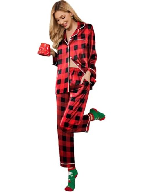 Ekouaer Satin Pajamas Women’s Long Sleeve Sleepwear Silk Soft Button Down Loungewear Pjs Set S-XXL