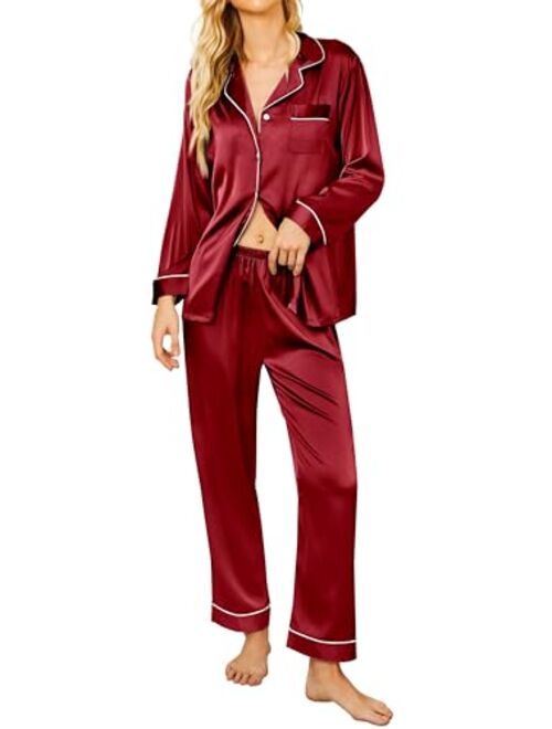 Ekouaer Satin Pajamas Women’s Long Sleeve Sleepwear Silk Soft Button Down Loungewear Pjs Set S-XXL