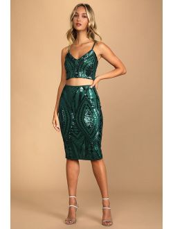 Party Won't Stop Emerald Green Sequin Two-Piece Midi Dress