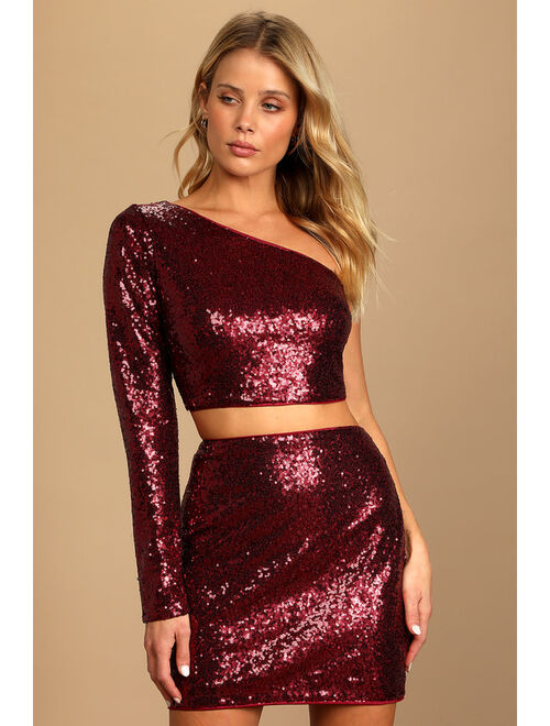 Lulus Jackpot Burgundy Sequin One-Shoulder Two-Piece Mini Dress