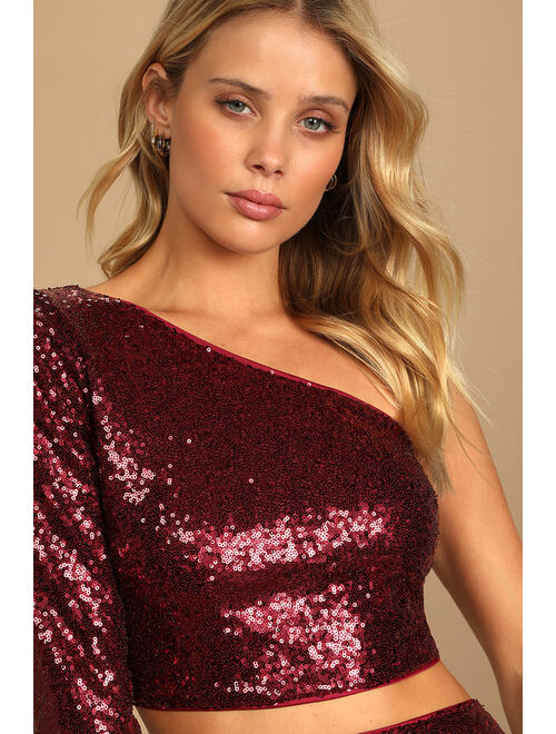 Lulus Jackpot Burgundy Sequin One-Shoulder Two-Piece Mini Dress