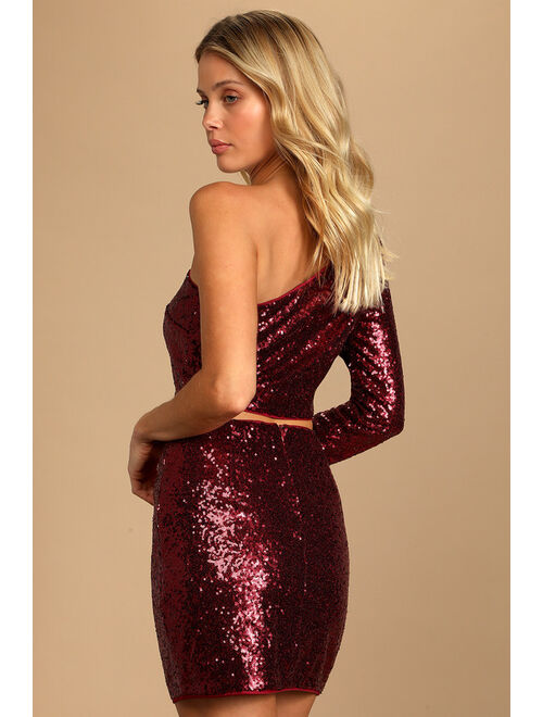 Lulus Jackpot Burgundy Sequin One-Shoulder Two-Piece Mini Dress