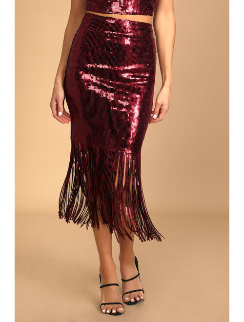 Lulus Shine of the Times Wine Red Sequin Fringe Two-Piece Midi Dress