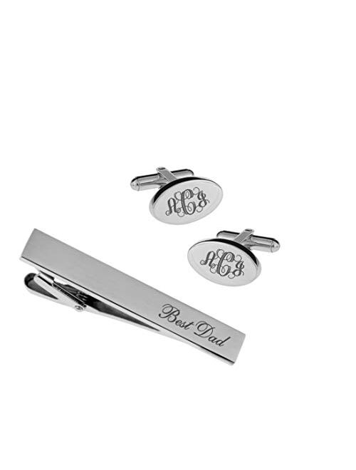 A & L Engraving Personalized Silver Oval Cufflinks & Tie Bar Clip Set Custom Monogram Engraved Free - Ships from USA