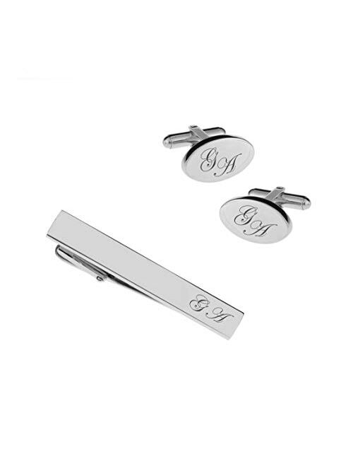 A & L Engraving Personalized Silver Oval Cufflinks & Tie Bar Clip Set Custom Monogram Engraved Free - Ships from USA