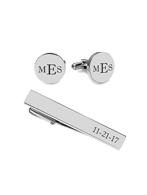 A & L Engraving Personalized High Polished Silver Stainless Steel Circle Cufflinks & Tie Clip Set Monogram Engraved Free - Ships from USA