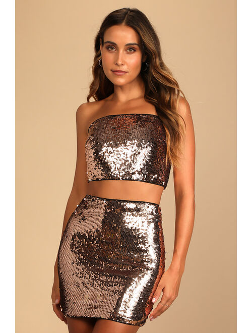 Lulus Throw a Party Bronze Sequin Two-Piece Strapless Bodycon Dress