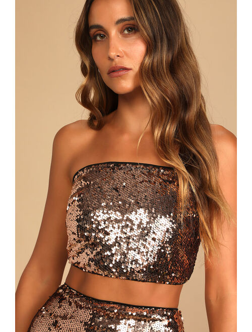 Lulus Throw a Party Bronze Sequin Two-Piece Strapless Bodycon Dress