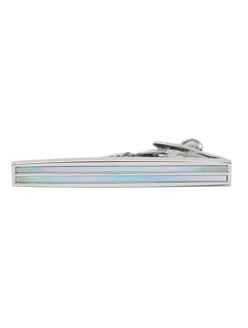 MENDEPOT Silver Tone Dual Blue Mother of Pearl Stone Tie Clip With Gift Box