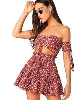 Women's Two Piece Outfit Floral Off Shoulder Drawstring Crop Top and Skirt Set