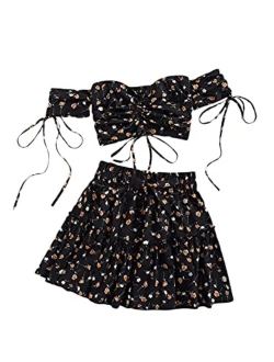 Women's Two Piece Outfit Floral Off Shoulder Drawstring Crop Top and Skirt Set