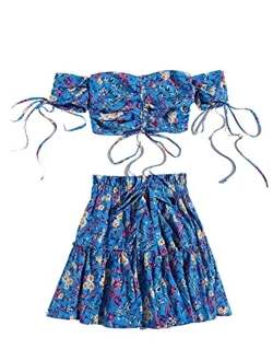 Women's Two Piece Outfit Floral Off Shoulder Drawstring Crop Top and Skirt Set