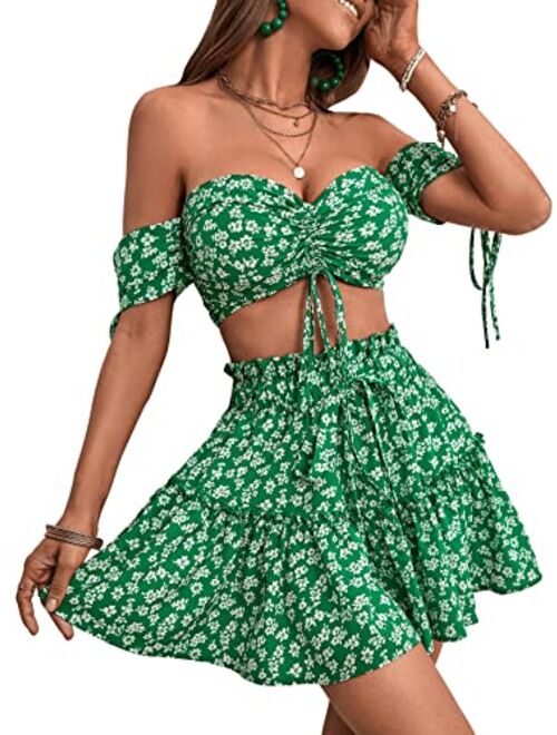 Floerns Women's Two Piece Outfit Floral Off Shoulder Drawstring Crop Top and Skirt Set