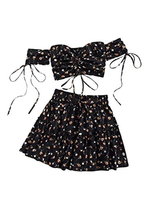 Floerns Women's Two Piece Outfit Floral Off Shoulder Drawstring Crop Top and Skirt Set