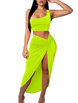 BEAGIMEG Women's Sexy One Shoulder Long Bodycon Slit Skirt 2 Pieces Dress