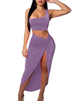 BEAGIMEG Women's Sexy One Shoulder Long Bodycon Slit Skirt 2 Pieces Dress