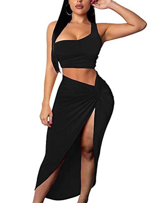 BEAGIMEG Women's Sexy One Shoulder Long Bodycon Slit Skirt 2 Pieces Dress