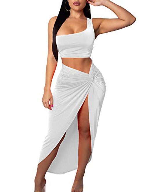 BEAGIMEG Women's Sexy One Shoulder Long Bodycon Slit Skirt 2 Pieces Dress