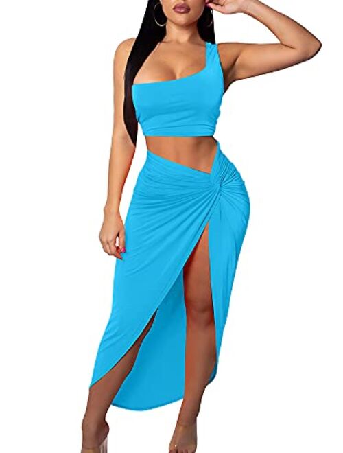 BEAGIMEG Women's Sexy One Shoulder Long Bodycon Slit Skirt 2 Pieces Dress