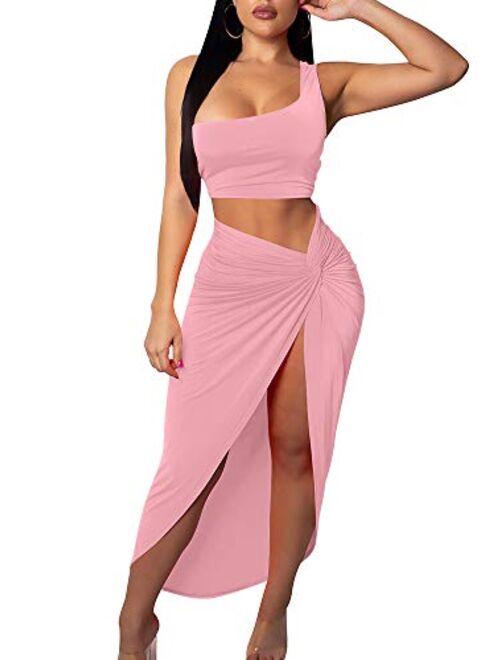 BEAGIMEG Women's Sexy One Shoulder Long Bodycon Slit Skirt 2 Pieces Dress