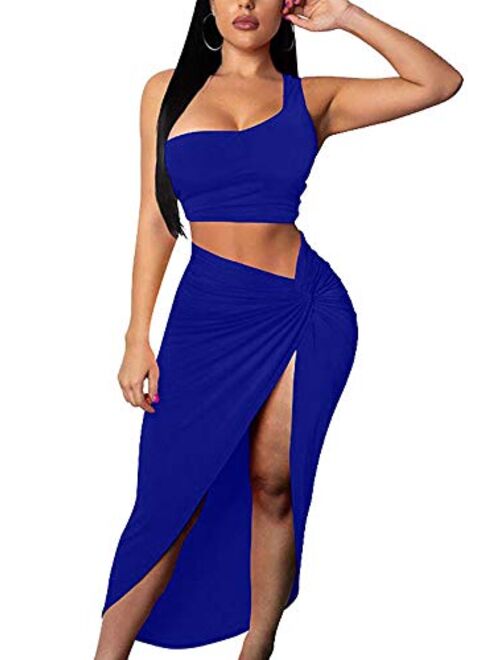 BEAGIMEG Women's Sexy One Shoulder Long Bodycon Slit Skirt 2 Pieces Dress