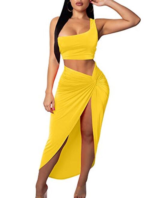 BEAGIMEG Women's Sexy One Shoulder Long Bodycon Slit Skirt 2 Pieces Dress