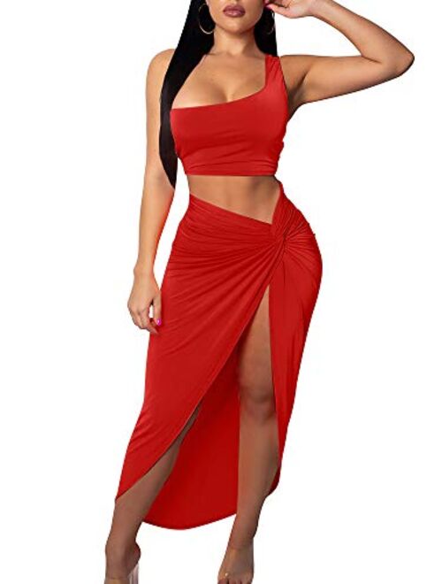 BEAGIMEG Women's Sexy One Shoulder Long Bodycon Slit Skirt 2 Pieces Dress